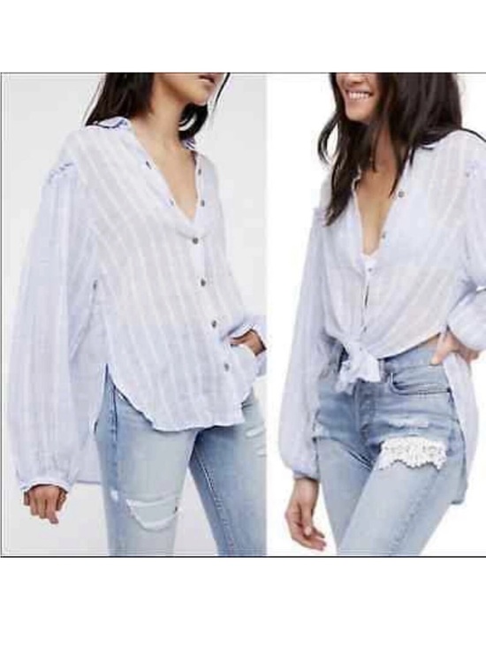 Free People Tops - Free People Light Blue & White Striped Button-Down Shirt